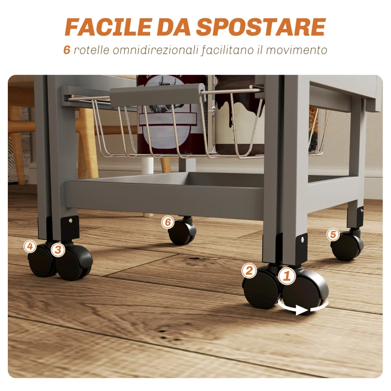 HOMCOM Carrello da Cucina con 3 Cestini, Cassetto e 2 Ribalte, in Legno e Metallo, 37x37x77.5 cm, Grigio e Rovere