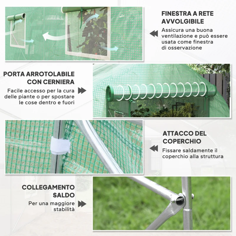 Outsunny Serra a Tunnel Anti-UV con 6 Finestre a Rete e Ingresso Arrotolabile, in Metallo e PE, 4x2x2 m, Verde