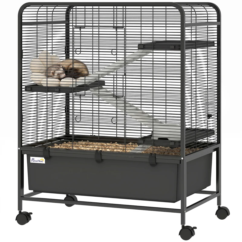 PawHut Cage pour Rongeurs sur Roulantes, 4 Niveaux, 3 Plateformes, 3 Rampes, Bouteille d'Eau, 75x46x94,5cm, Noir