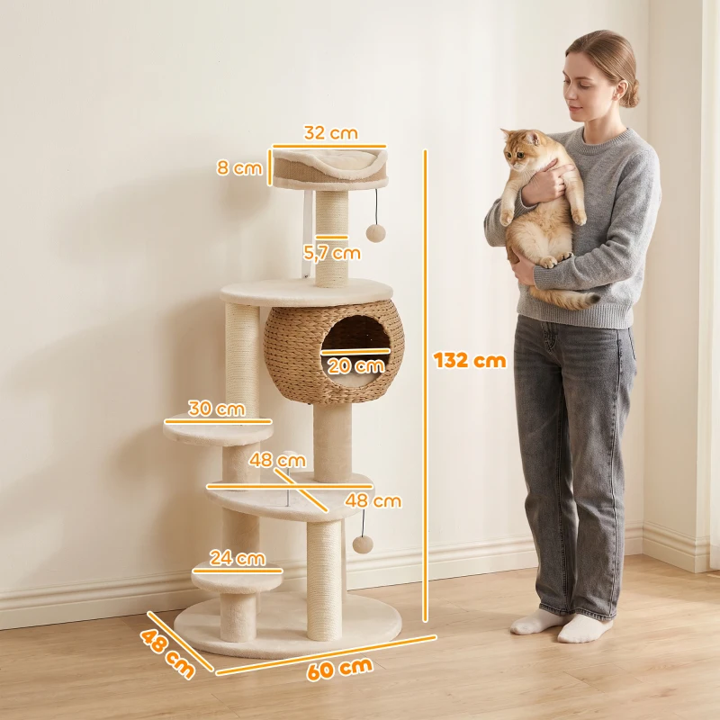PawHut Duże drzewko dla kota 132 cm wysokości z kryjówką z pałki wodnej, słupkami do drapania, łóżkiem, 3 piłeczkami, zabezpieczeniem przed przewróceniem, 1-2 koty do 6 kg