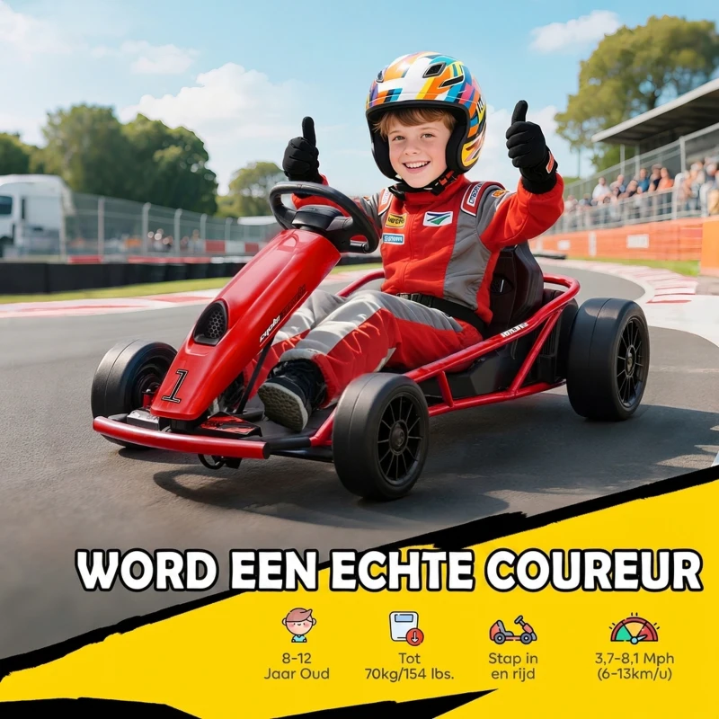HOMCOM 24V elektrische go-kart voor kinderen, tot 13 km/u, met driftfunctie, 2 motoren, rood, 8-12 jaar