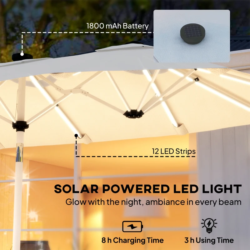 Outsunny 3 m Double-Sided Garden Parasol with LED Solar Lights, Tilt, Outdoor Extra Large Sun Umbrella with Crank Handle, Cream
