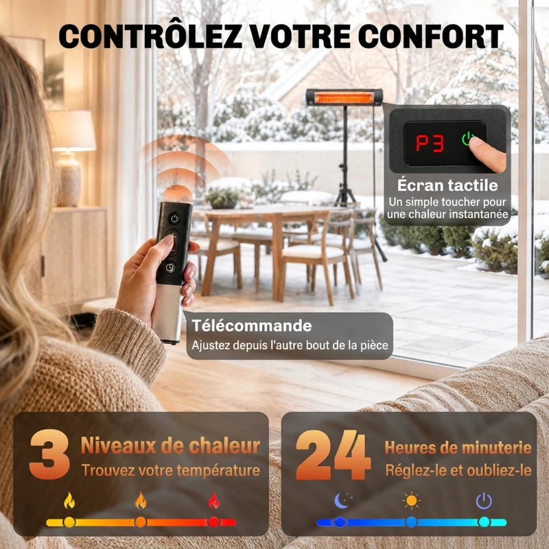 Outsunny Radiateur Infrarouge sur Pied 2500 W IP65, Télécommande, Minuterie, 3 Niveaux, Hauteur Réglable, 87x81x180cm, Noir