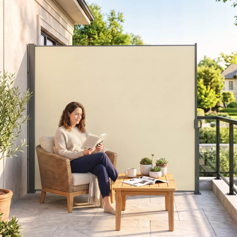 Outsunny Retractable Sun Side Awning Screen Fence Patio Garden Wall Balcony Screening Panel Outdoor Blind Privacy Divider (3x2M, Cream)