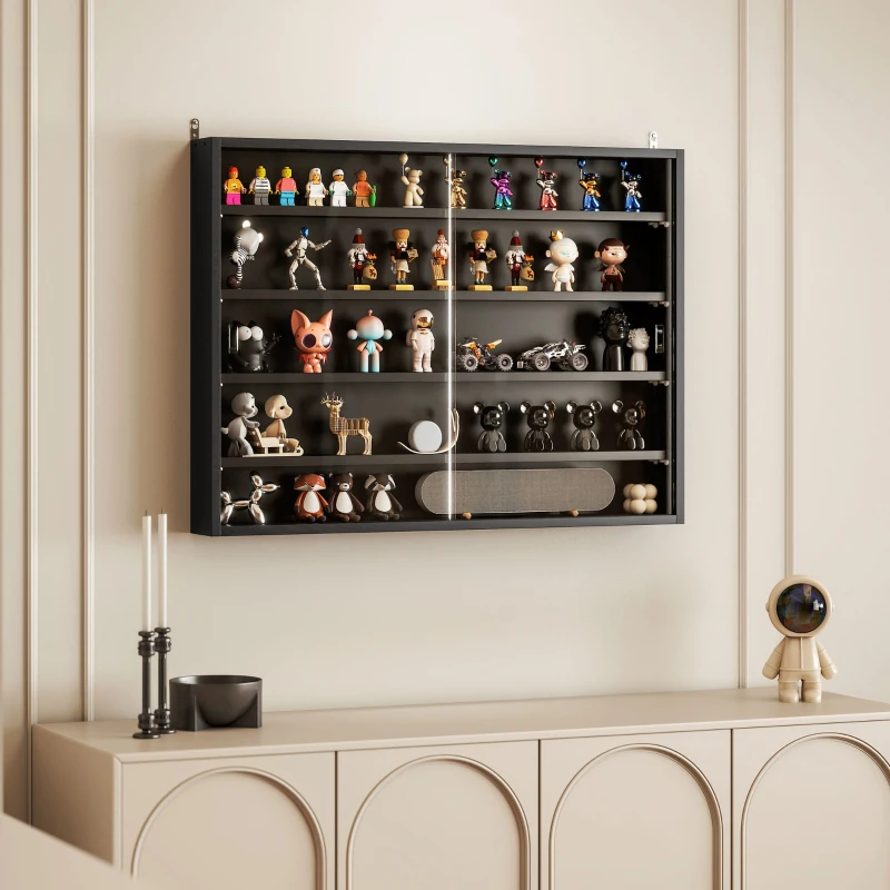 HOMCOM Vetrina per Collezione da Parete a 4 Ripiani Regolabili, in Vetro e Legno, 80x9.5x60 cm, Nero