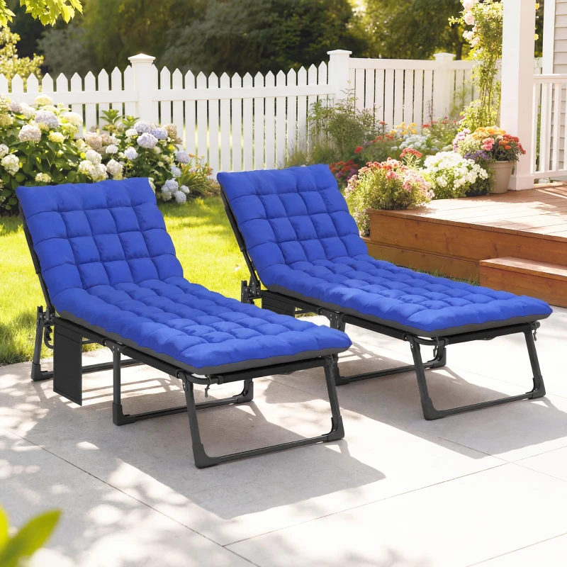 Outsunny Conjunto de 2 Espreguiçadeiras Dobráveis com Apoio de Cabeça, Almofadas, Bolso Lateral e Encosto Reclinável em 5 Posições Azul