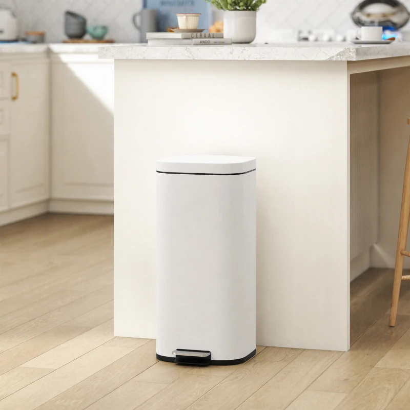 HOMCOM 30L Kitchen Bin, Compact Pedal Bin with Soft-Close and Stay-Open Lid, Removable Bucket for Kitchen, Home, Office, Cream