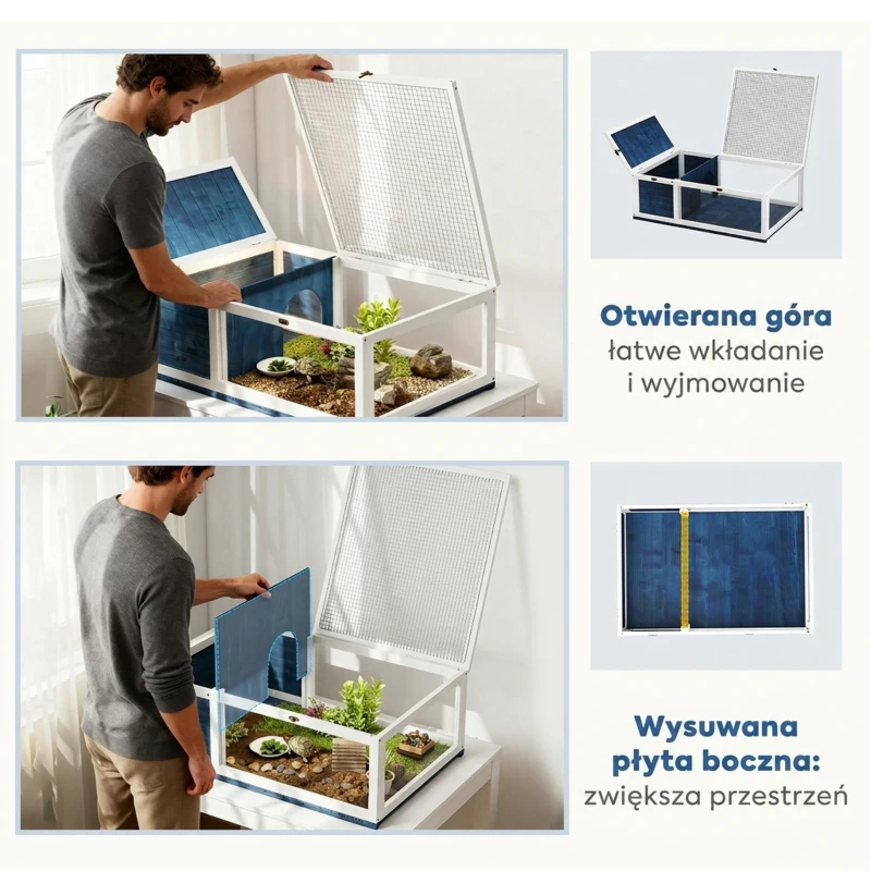 PawHut Terrarium dla żółwia drewniany domek żółwiarnia wybieg dwustrefowy otwierany daszek 3 okna 91x60,5x32 cm niebieski