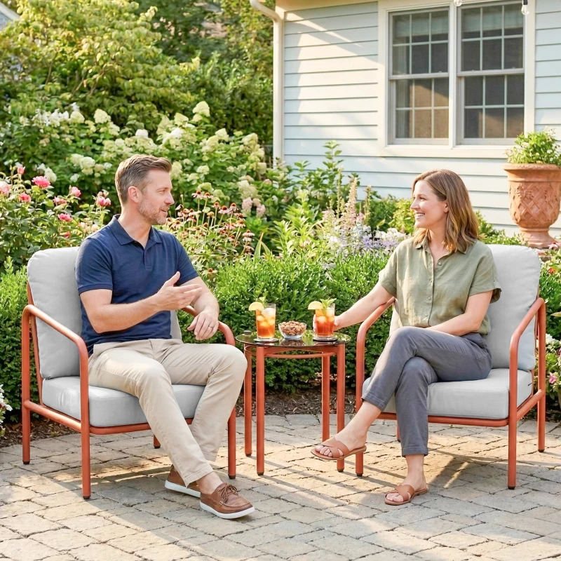 Outsunny Salon de Jardin 3 Pièces, 2 Fauteuils, 1 Table Basse, Coussins Épais, Plateau en Verre Trempé, 63x77x76cm, Rouge Vineux