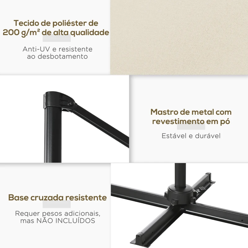 Outsunny Chapéu de Sol de Jardim Chapéu de Sol Excêntrico com Rotação 360° Inclinação de 5 Níveis com Manivela 245x245x245 cm Creme
