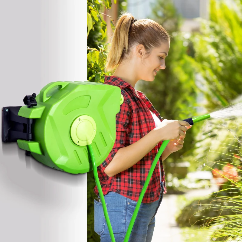 Outsunny Carrete para Manguera 15M+1,5M Soporte Mural Portamanguera Roll-up Automático Giratorio 180° con Pistola de Pulverización Gran Alcance Base de Pared Conector de Manguera para Jardín Terraza