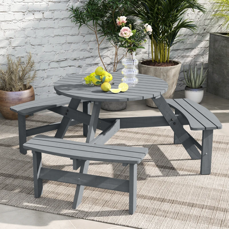 Outsunny Wooden Garden Dining Set, 6 Seater Round Dining Picnic Table with Matching Bench, Garden Furniture Set with Parasol Hole for Outdoor Patio Party and Family Gatherings, Grey