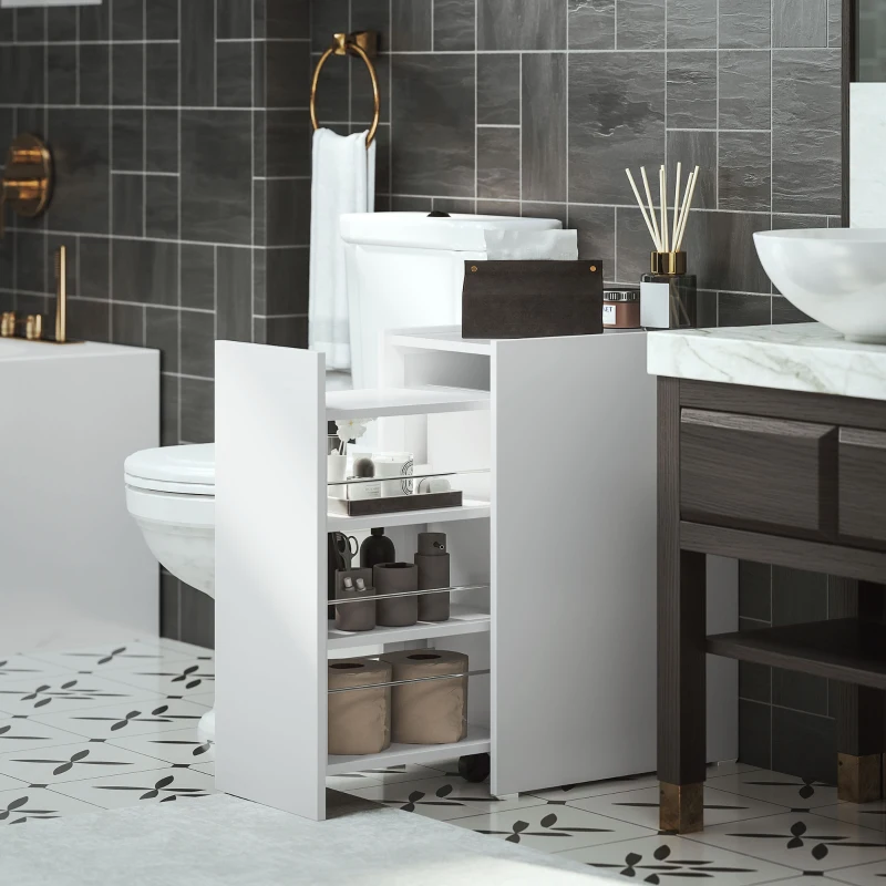 HOMCOM Mueble de Baño Estrecho con Cajón y Ruedas Organizador Independiente con 3 Compartimentos 47x30x66,5 cm Blanco