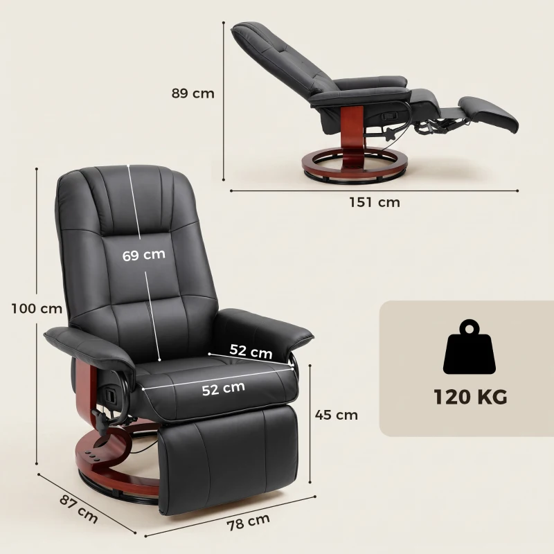 HOMCOM Poltrona Relax Reclinabile Manualmente fino 145° con Poggiapiedi e Rivestimento in Finta Pelle, Nero