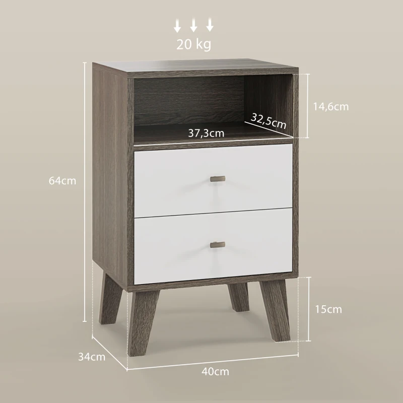 HOMCOM Set di 2 Comodini Moderni per Camera da Letto con 2 Cassetti e Vano Aperto, 40x34x64cm, Grigio