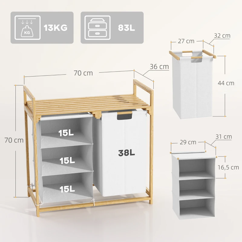 HOMCOM Cesto Portabiancheria con 2 Borse Estraibili, Maniglie e Ripiano in Bambù, 70x36x70 cm, Bianco