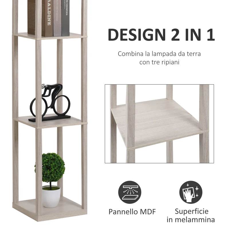 HOMCOM Lampada da Terra Piantana 40W con 3 Scaffale, Attacco E27, Lampada da Pavimento Moderno con Paralume in Acrilico, Soggiorno, Salotto, Camera da Letto, Studio, Ufficio, 26x26x160cm, Rovere