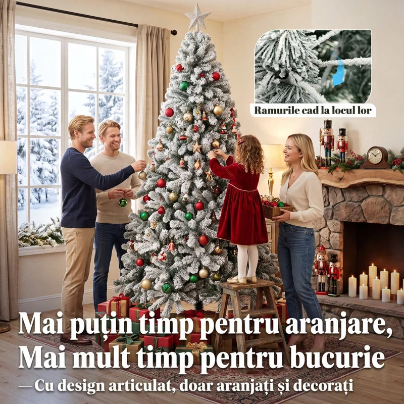 HOMCOM Brad Artificial de Crăciun 180 cm cu 650 Ramuri Ignifuge, Efect Înzăpezit Realist și Bază din Oțel, Verde și Alb
