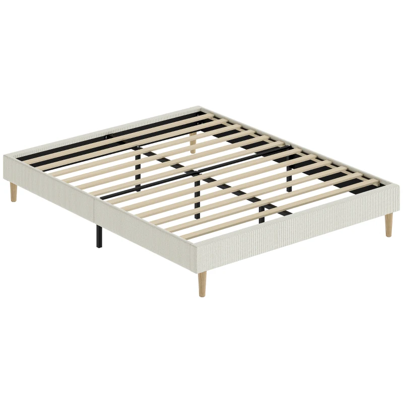 HOMCOM Cadru de pat 140 x 190 cm cu somieră, pat dublu tapițat în catifea canelată, spațiu de depozitare dedesubt, crem