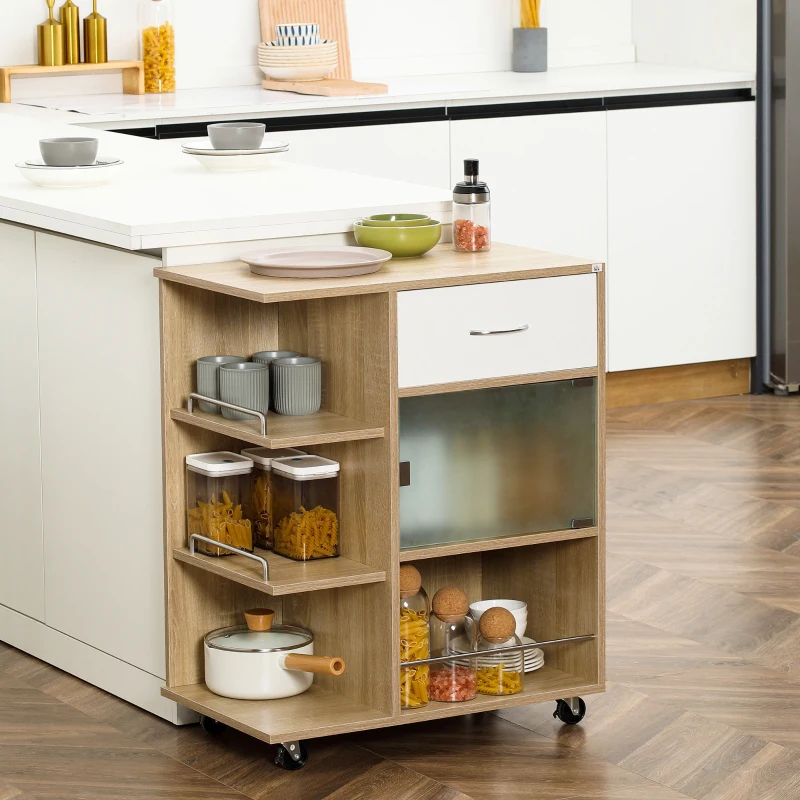 HOMCOM Carrello da Cucina Portavivande con Cassetto, Ripiani e Armadietto in Legno, Acciaio e Vetro, 65x39x80cm