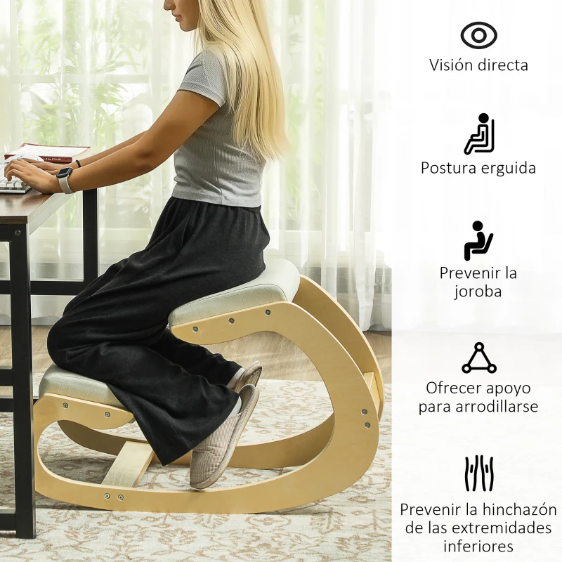 HOMCOM Silla Ergonómica de Rodillas Silla de Rodillas de Madera Taburete Ergonómico Cojín Acolchado 55x85x55 cm Crema