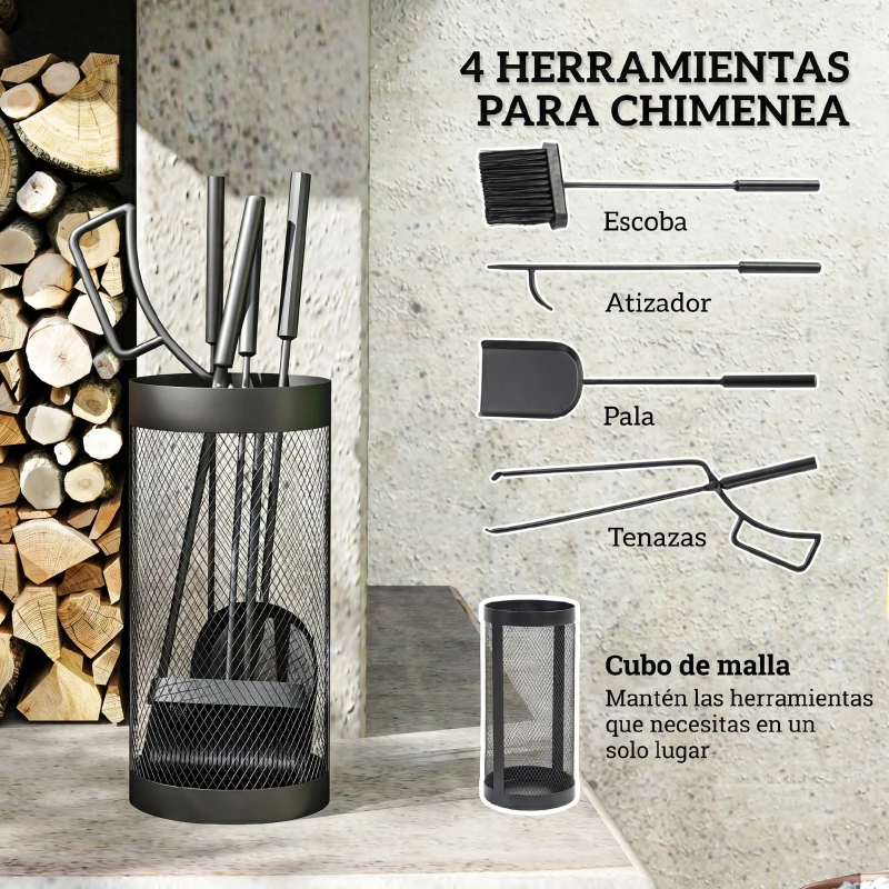 Outsunny Juego Utensilios Chimenea de 5 Piezas de Metal con Escoba Pala Tenazas Atizador y Soporte Ø16x33,5 cm Negro