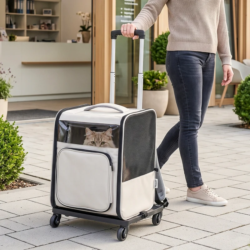 PawHut Transportadora para Cães e Gatos com Rodas Cabo Telescópico 2 Janelas em Malha para Animais até 5 kg Cinza