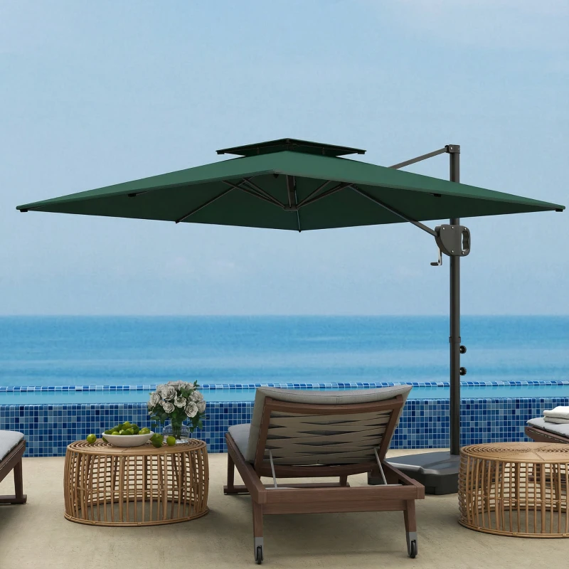 Outsunny Cantilever Parasol with Weighted Base Double Top Garden Parasol Square Hanging Patio Umbrella with Crank Tilt Dark Green