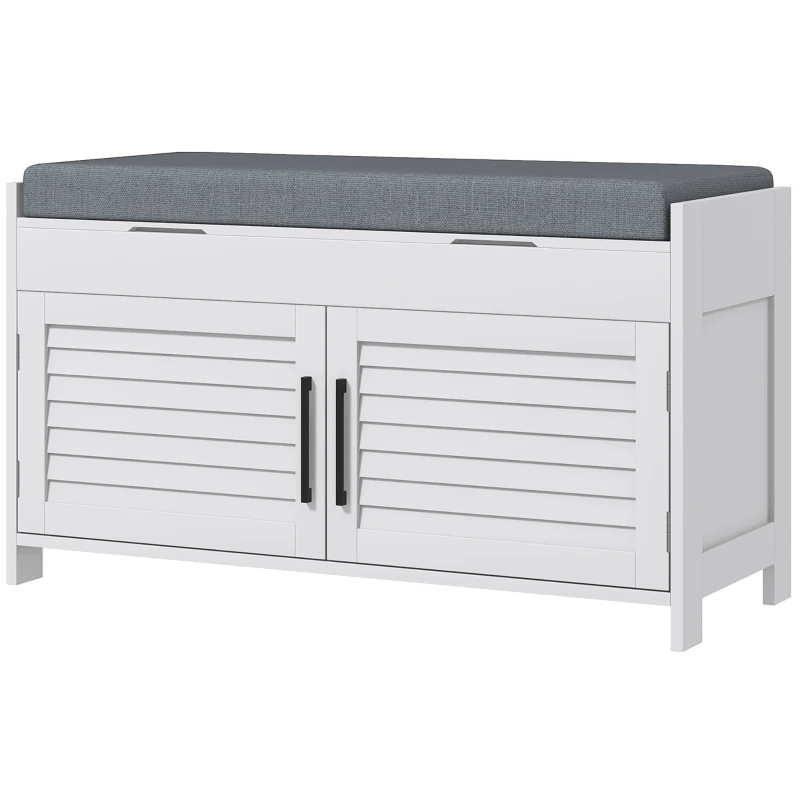 HOMCOM Bancă pentru pantofi cu raft interior reglabil pe 3 niveluri, din MDF și material textil cu aspect de in, 90x36x50 cm, alb și gri