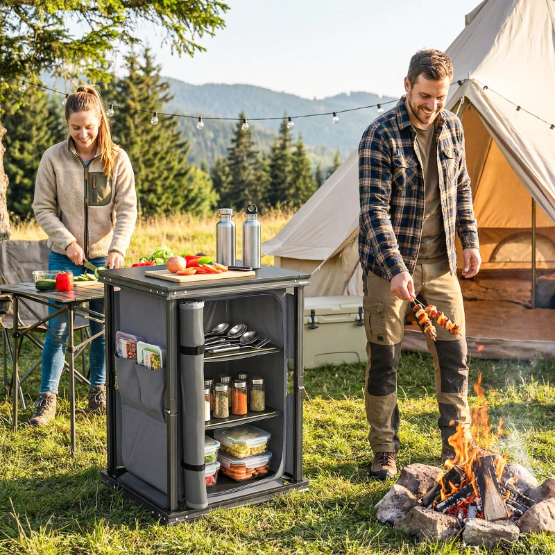 Outsunny Camping Camping Cupboards, Folding Portable Kitchen Table with 3-Tier Storage, Black