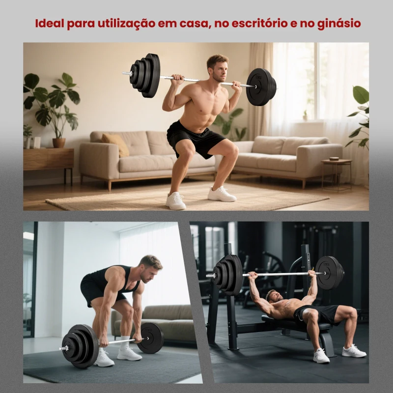 HOMCOM Barra de Pesos 70 kg Ajustáveis com 8 Discos de 1,5kg 5kg 10kg 15kg e 1 Barra para Treino de Força 170x40,5x40,5 cm Preto