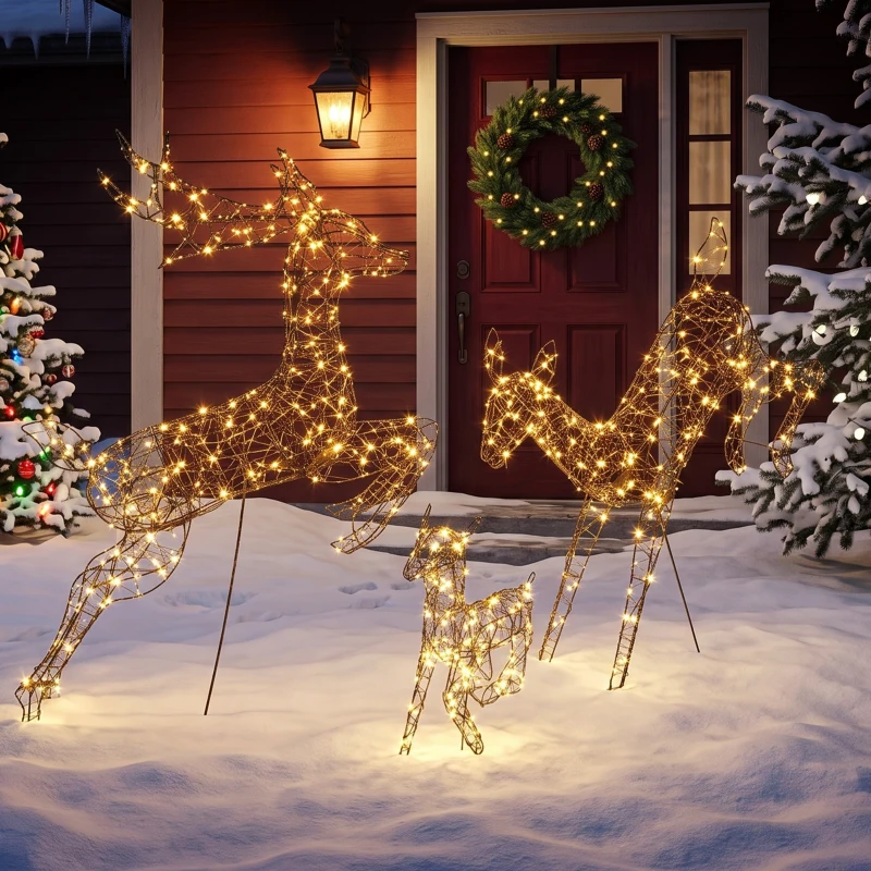 Outsunny Set 3 renos navideños luminosos para exterior 120 cm, 200 LED blanco cálido, 8 modos de iluminación, temporizador, marrón