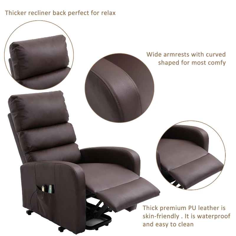 Power Lift Recliner Massage Chair with Heat & Vibration, Heavy Duty Safety Motion, Side Pockets, Remote Control, 73x91x109 cm, Brown