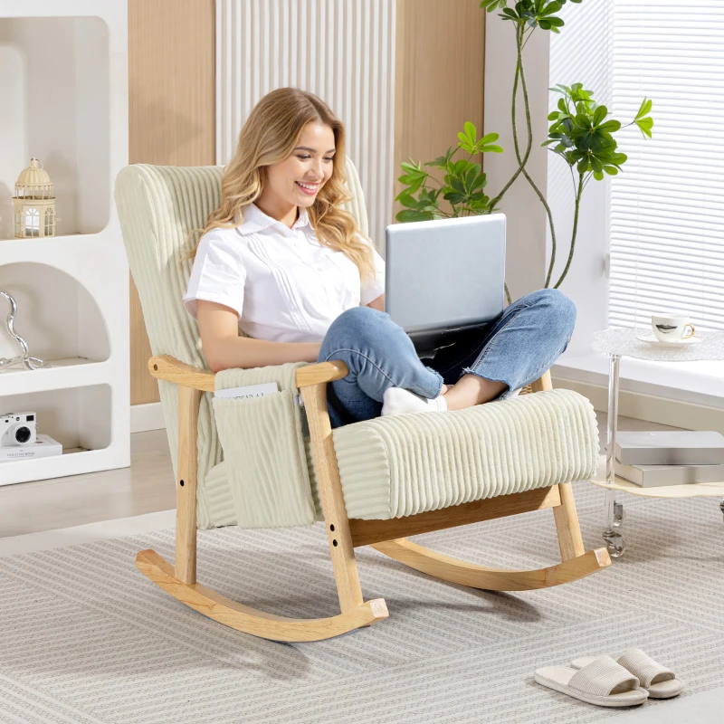 HOMCOM Silla Mecedora de Pana con Cojín Lumbar Patas y Reposabrazos de Madera de Caucho Bolsillo Estilo Moderno Beige