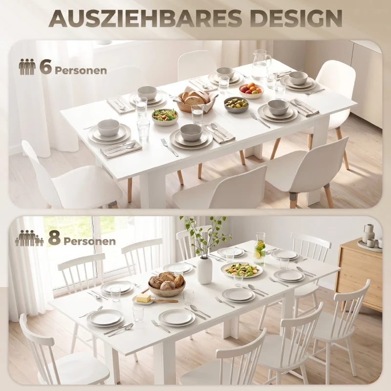 HOMCOM Esstisch ausziehbar, 140/180 x 80 cm Küchentisch für 6-8 Personen, für Küche, Esszimmer, Weiß