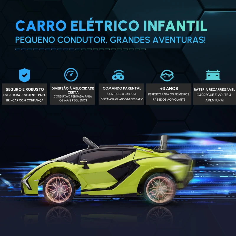 HOMCOM Carro Elétrico Infantil Lamborghini SIAN 12V para Crianças de 3-8 anos com Controle Remoto Abertura da Porta Música MP3 USB e Faróis 108x62x40 cm Verde