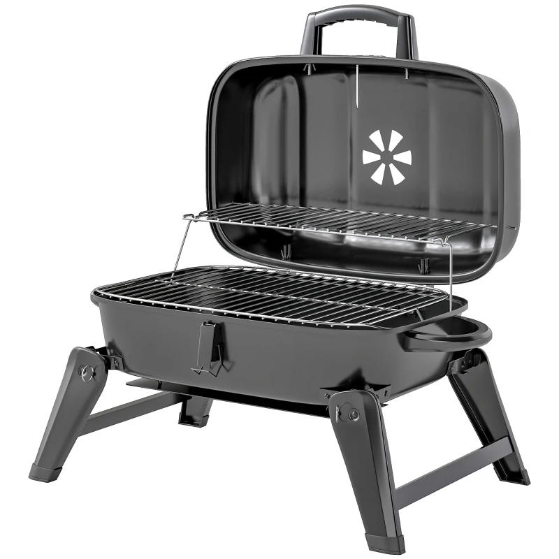 Outsunny Charcoal Barbecue Grill Folding Portable BBQ Grill for Camping with 1232 cm² Cooking Area, Adjustable Vent, Thermometer, Handles for Picnic, 59 x 37 x 36 cm, Black