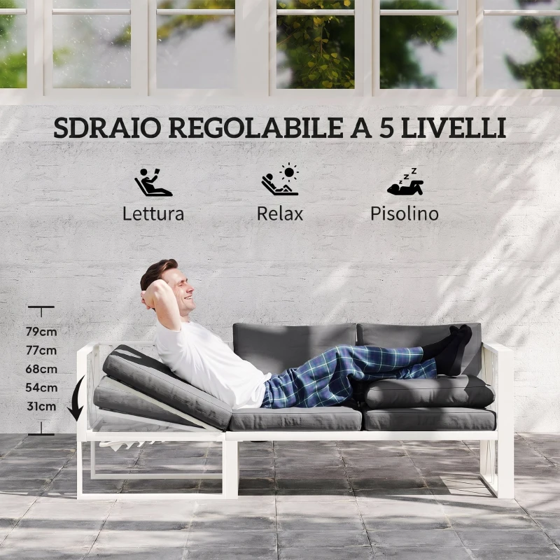 Outsunny Salotto da Giardino Angolare con Poltrona Reclinabile, 2 Divanetti con Cuscini e Tavolino, Grigio