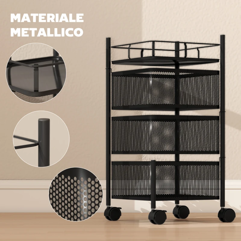 HOMCOM Carrello Cucina a 3 Livelli con Cestini in Metallo Girevoli, Ruote e Freno, 27.5x27.5x62 cm, Nero