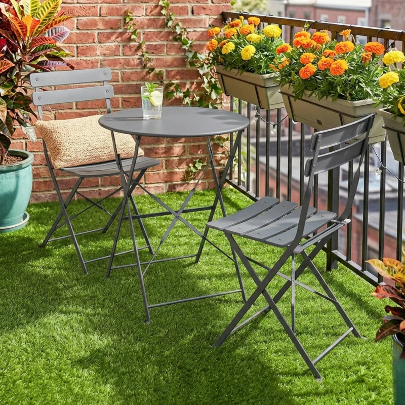 Outsunny Folding Garden Bistro Set, Outdoor Round Bistro Table and Chairs Set 2 with Electrophoresis Metal Frame, Grey