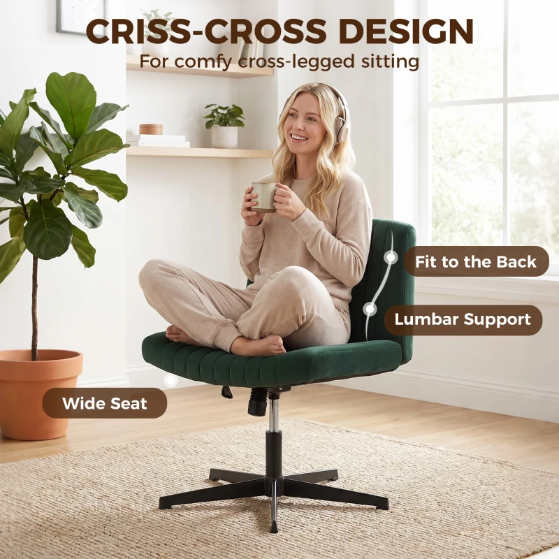 HOMCOM Flannel Criss Cross Legged Desk Chair, Armless Office Chair No Wheels, Green