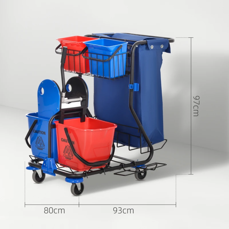 HOMCOM Cărucior de Curățenie cu Sac pentru Gunoi, 4 Găleți și Storcător pentru Mop, 93x80x97 cm, Roșu, Albastru și Negru