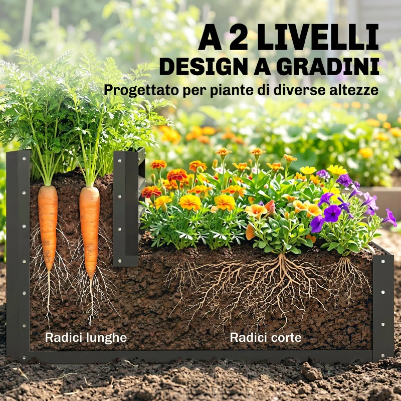 Outsunny Letto per Orto Rialzato a 2 Livelli in Acciaio con Fondo Aperto, 120x101x58cm, Grigio Scuro