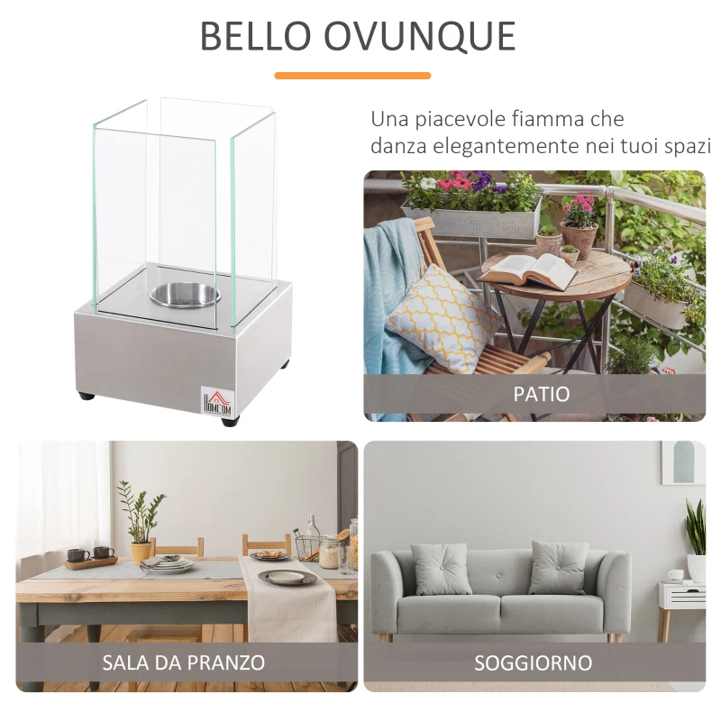 HOMCOM Camino a Bioetanolo da Tavolo con Bruciatore da 0.4L, Biocamino in Acciaio e Vetro per Interni ed Esterni, 20x20x33cm, Argento