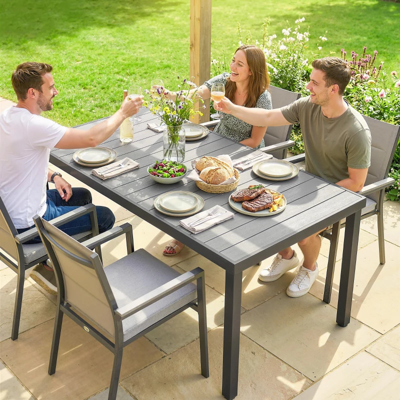 Outsunny Mesa de Comedor de Jardín para 6 Personas con Superficie de Listones Estructura de Acero 140x90x74 cm Gris