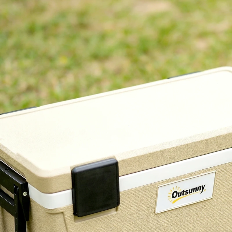 Outsunny 70L Insulated Cool Box with Wheels, Portable Ice Cooler with Handle, Lid and Drain Valve, Khaki