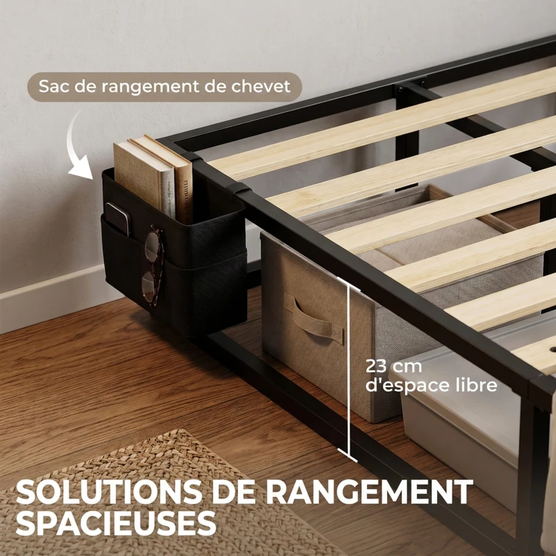 HOMCOM Cadre de Lit 140 x 190 cm avec Sommier, Lit Double avec Pochette de Rangement, Support à Lattes en Bois, Noir