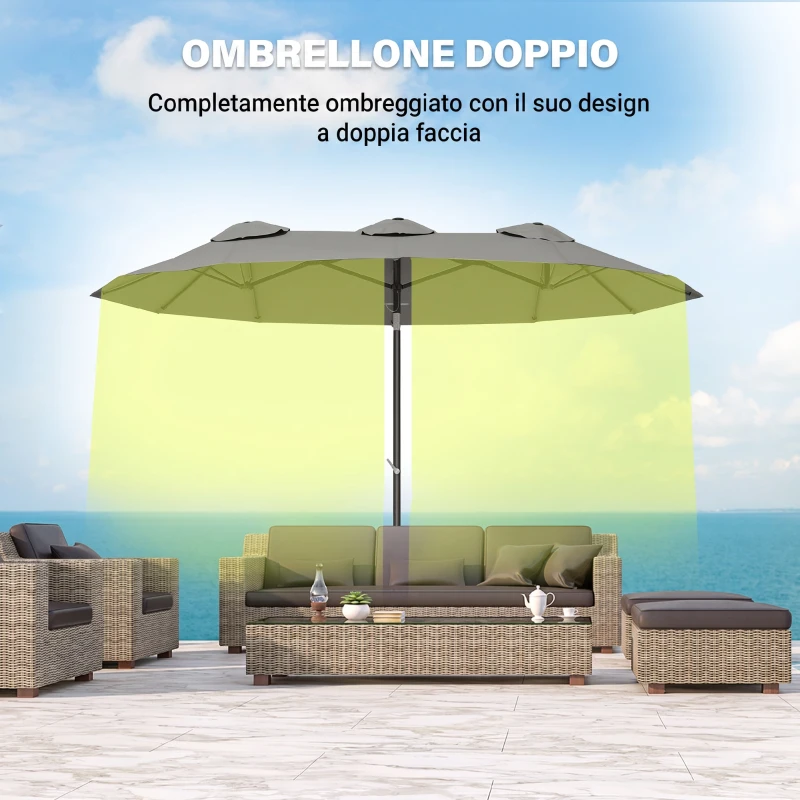 Outsunny Ombrellone Doppio Inclinabile a 45° con Manovella e Prese d'Aria, in Acciaio e Poliestere, 285x147x227 cm, Grigio