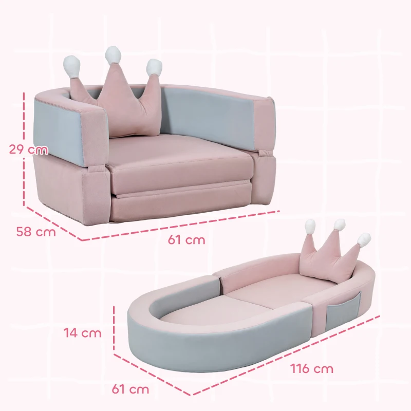 AIYAPLAY Sofá Infantil Convertible en Cama y Zona de Juego con Cojín de Corona 116x61x14 cm Rosa y Azul Grisáceo