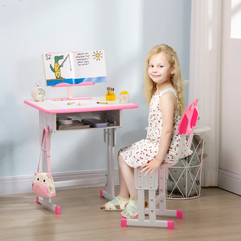 HOMCOM Conjunto de Secretária e Cadeira para Crianças com Altura Ajustável 1 Gaveta e 1 Prateleira para Livros 60x45x90-120 cm Rosa